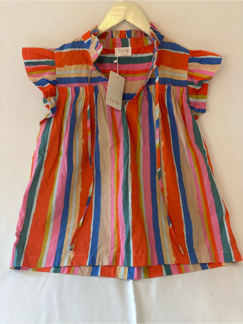Fate Multicolor Striped Flutter-Sleeve Top with Orange, Blue & Pink